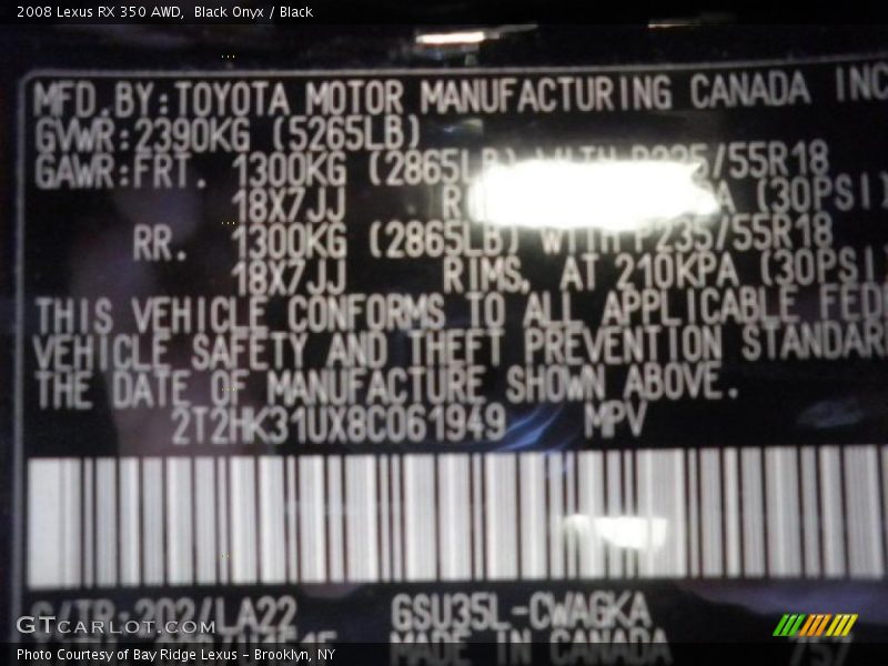 Black Onyx / Black 2008 Lexus RX 350 AWD