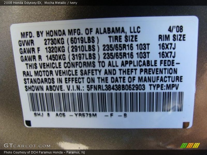 Mocha Metallic / Ivory 2008 Honda Odyssey EX