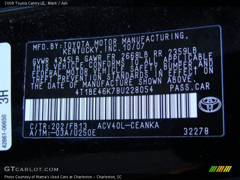 Black / Ash 2008 Toyota Camry LE