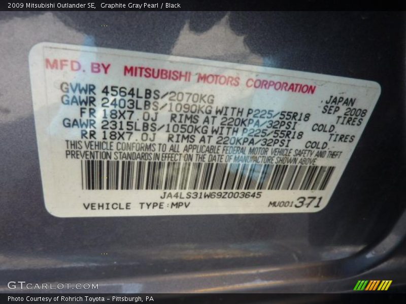 Graphite Gray Pearl / Black 2009 Mitsubishi Outlander SE