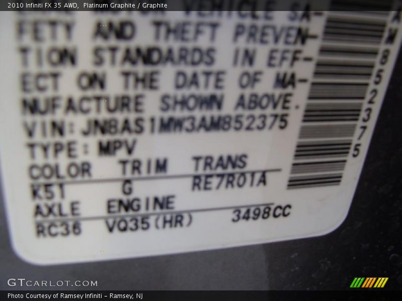 Platinum Graphite / Graphite 2010 Infiniti FX 35 AWD