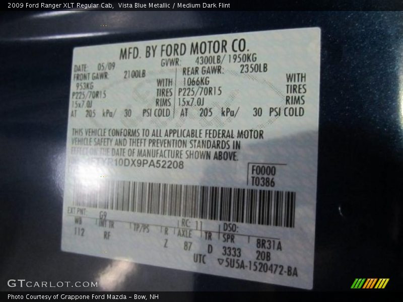 Vista Blue Metallic / Medium Dark Flint 2009 Ford Ranger XLT Regular Cab