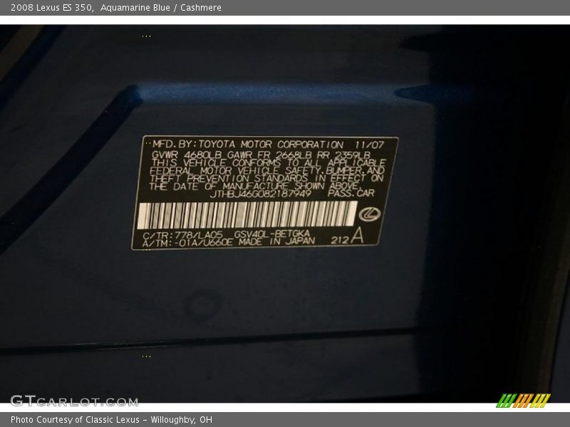 2008 ES 350 Aquamarine Blue Color Code 778