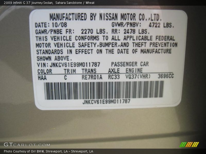 2009 G 37 Journey Sedan Sahara Sandstone Color Code HAA