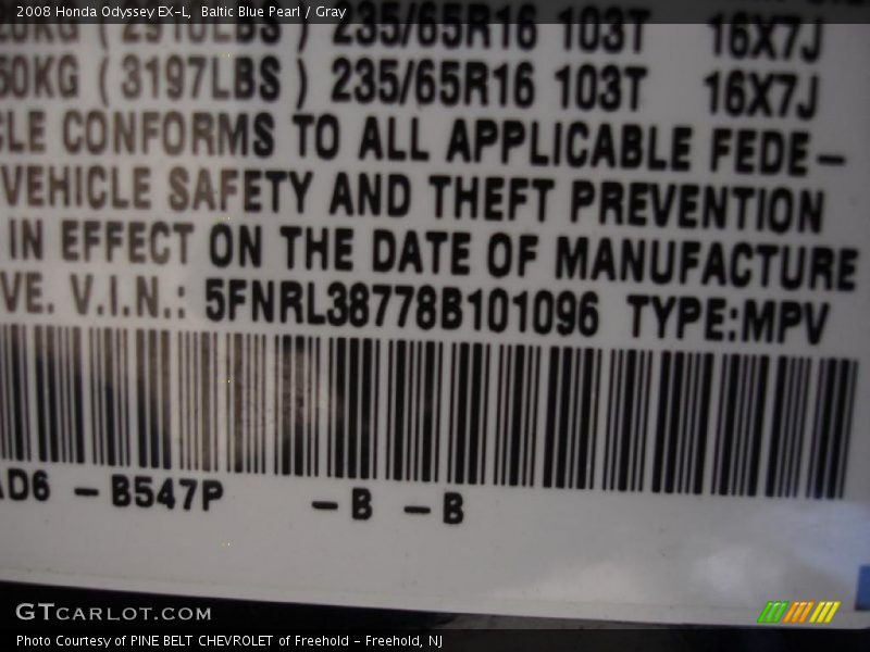 Baltic Blue Pearl / Gray 2008 Honda Odyssey EX-L