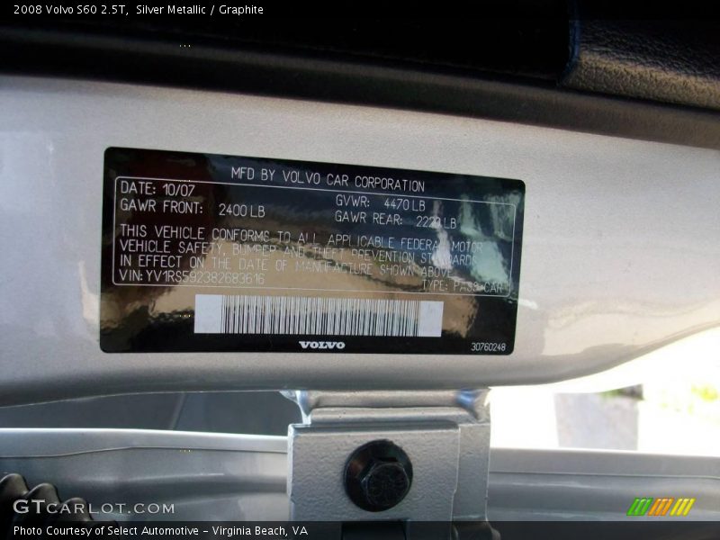 Silver Metallic / Graphite 2008 Volvo S60 2.5T