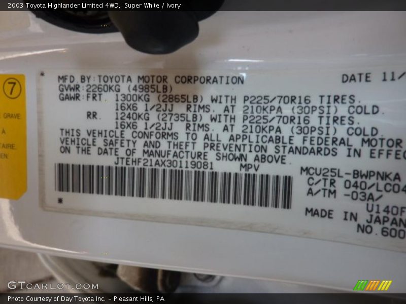 Super White / Ivory 2003 Toyota Highlander Limited 4WD