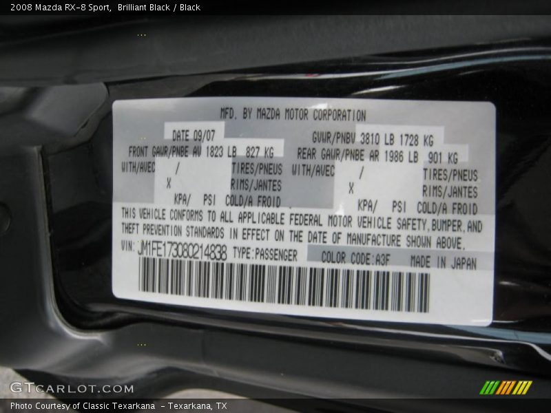 2008 RX-8 Sport Brilliant Black Color Code A3F