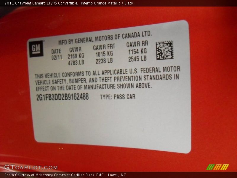 Info Tag of 2011 Camaro LT/RS Convertible