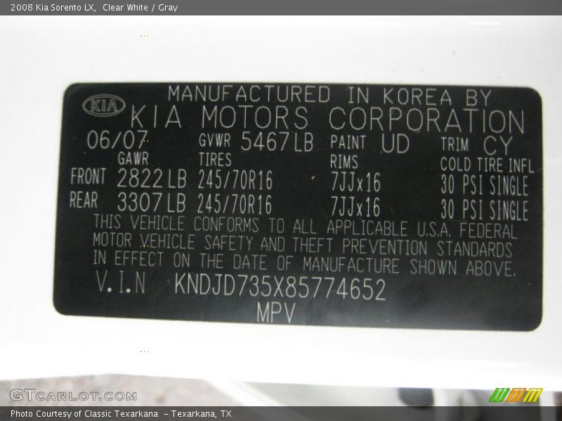 Clear White / Gray 2008 Kia Sorento LX