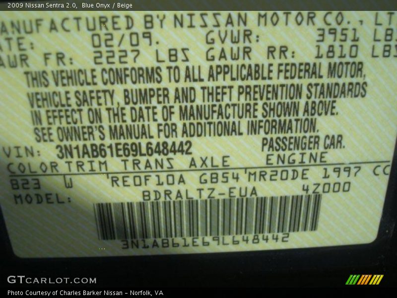 Blue Onyx / Beige 2009 Nissan Sentra 2.0