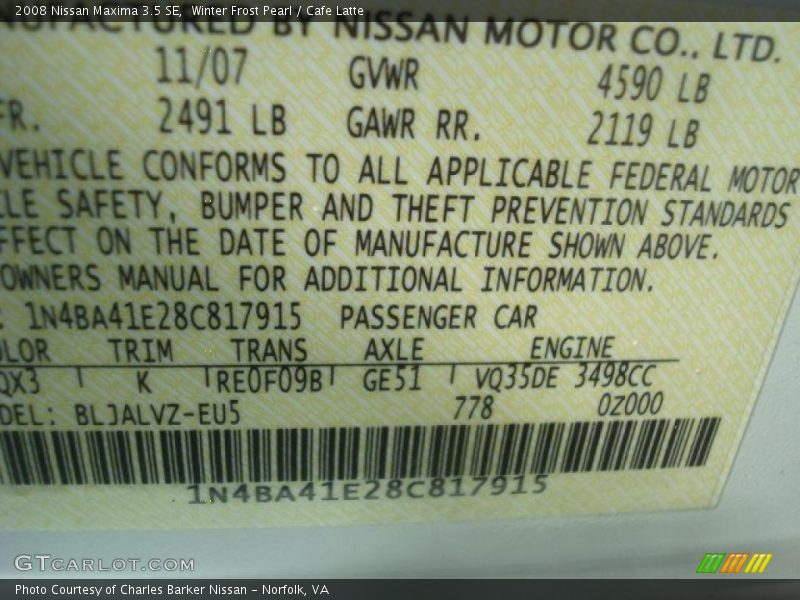 Winter Frost Pearl / Cafe Latte 2008 Nissan Maxima 3.5 SE
