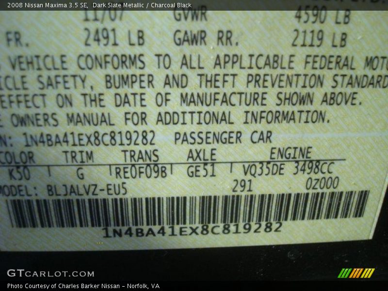 Dark Slate Metallic / Charcoal Black 2008 Nissan Maxima 3.5 SE