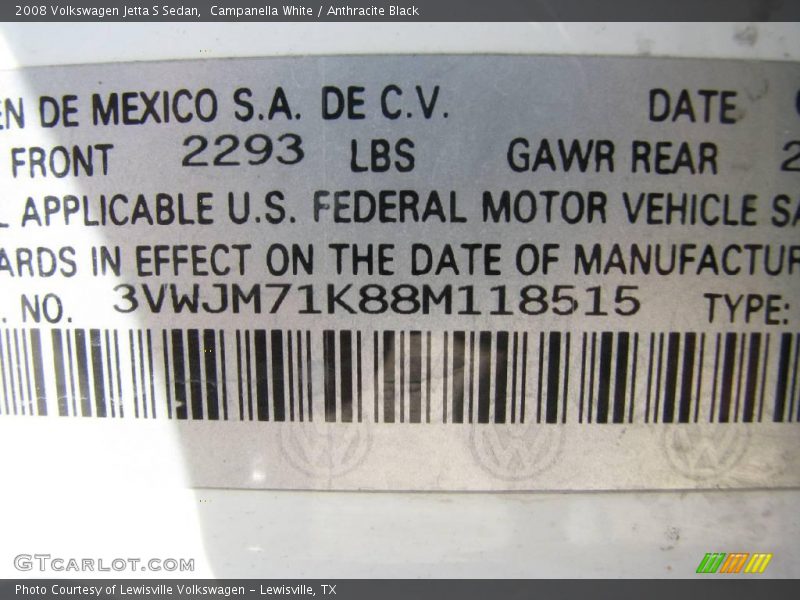Campanella White / Anthracite Black 2008 Volkswagen Jetta S Sedan