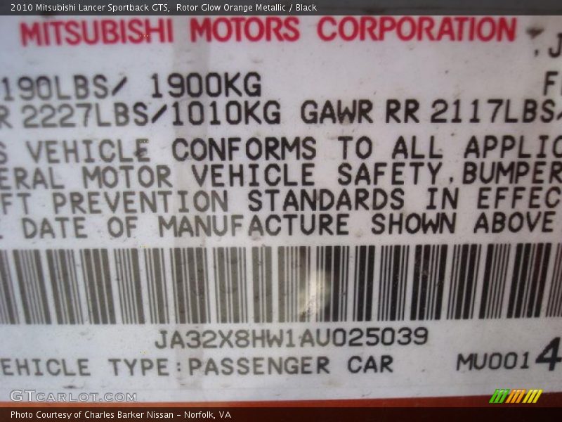 Rotor Glow Orange Metallic / Black 2010 Mitsubishi Lancer Sportback GTS