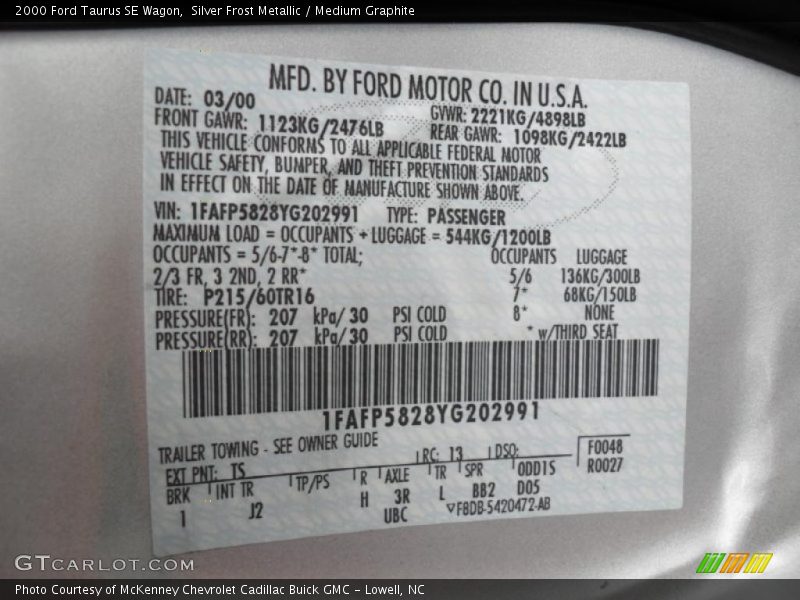 2000 Taurus SE Wagon Silver Frost Metallic Color Code TS