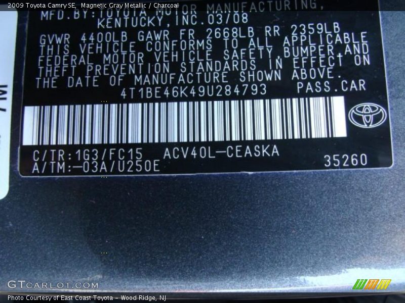 Magnetic Gray Metallic / Charcoal 2009 Toyota Camry SE