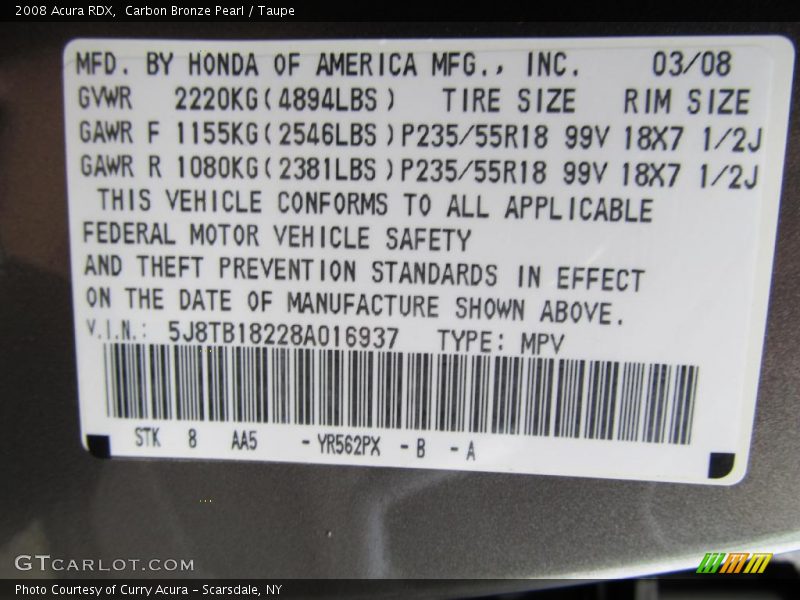 Carbon Bronze Pearl / Taupe 2008 Acura RDX