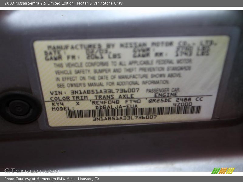 2003 Sentra 2.5 Limited Edition Molten Silver Color Code KY4