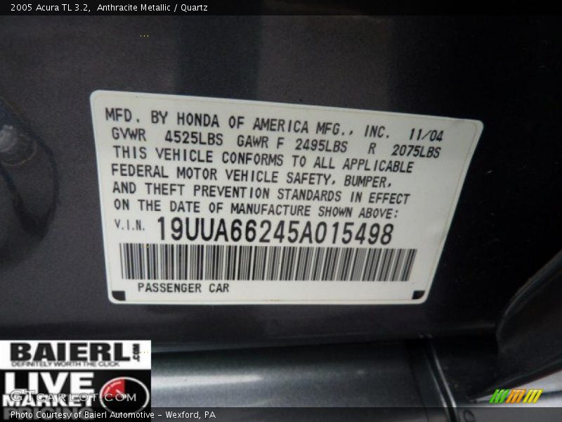 Anthracite Metallic / Quartz 2005 Acura TL 3.2