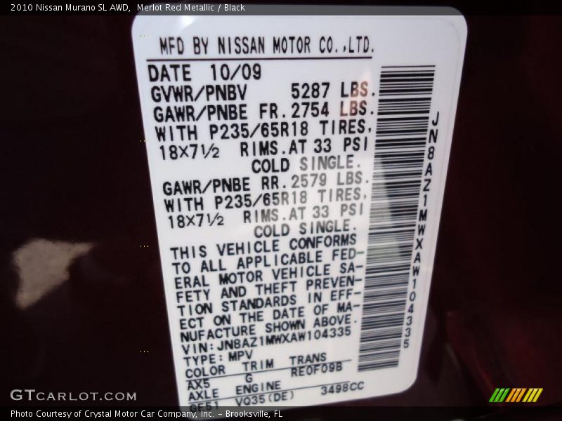 Merlot Red Metallic / Black 2010 Nissan Murano SL AWD