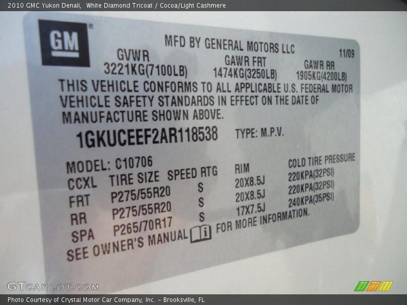 Info Tag of 2010 Yukon Denali
