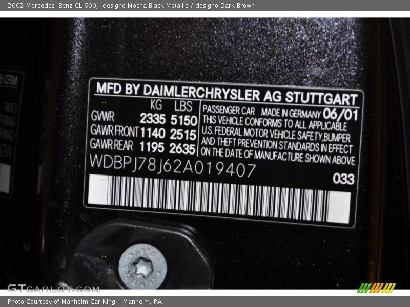 2002 CL 600 designo Mocha Black Metallic Color Code 033