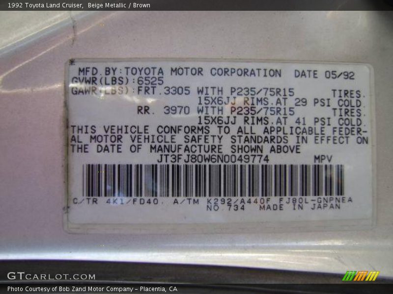 Beige Metallic / Brown 1992 Toyota Land Cruiser