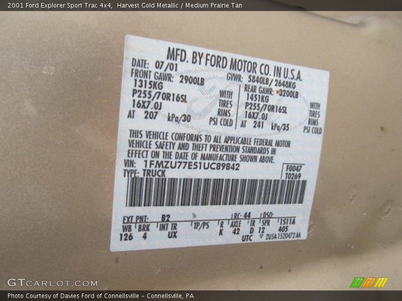 Harvest Gold Metallic / Medium Prairie Tan 2001 Ford Explorer Sport Trac 4x4