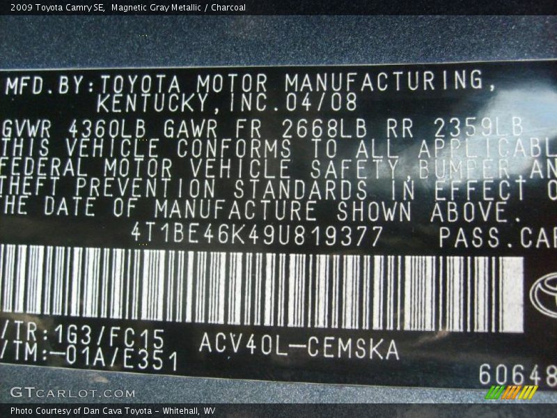 Magnetic Gray Metallic / Charcoal 2009 Toyota Camry SE