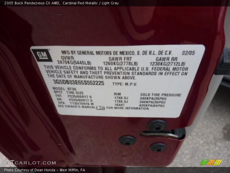 Cardinal Red Metallic / Light Gray 2005 Buick Rendezvous CX AWD