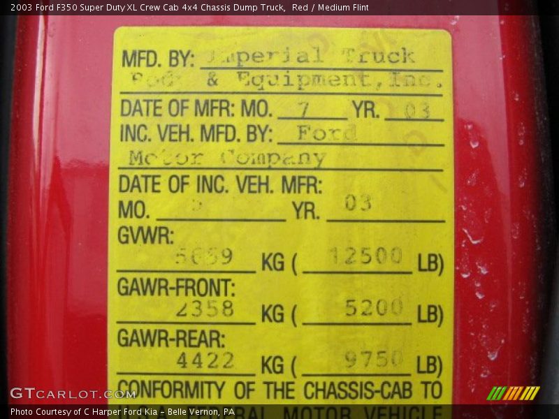 Info Tag of 2003 F350 Super Duty XL Crew Cab 4x4 Chassis Dump Truck