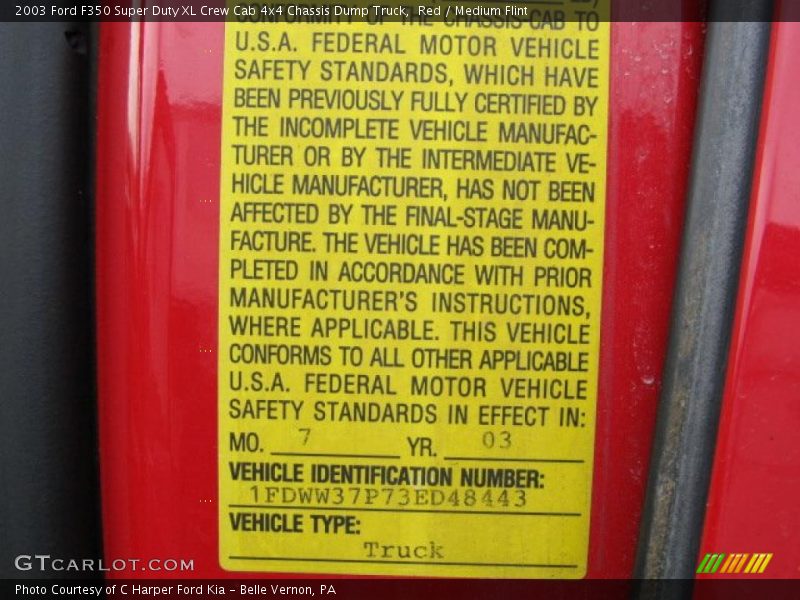 Info Tag of 2003 F350 Super Duty XL Crew Cab 4x4 Chassis Dump Truck