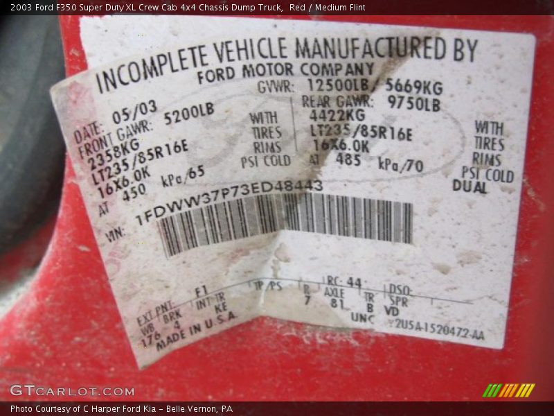 Info Tag of 2003 F350 Super Duty XL Crew Cab 4x4 Chassis Dump Truck