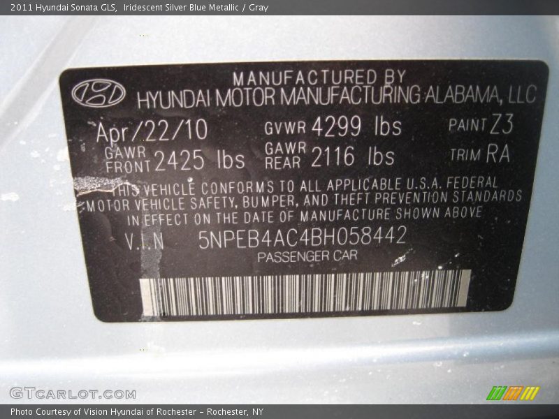 Iridescent Silver Blue Metallic / Gray 2011 Hyundai Sonata GLS