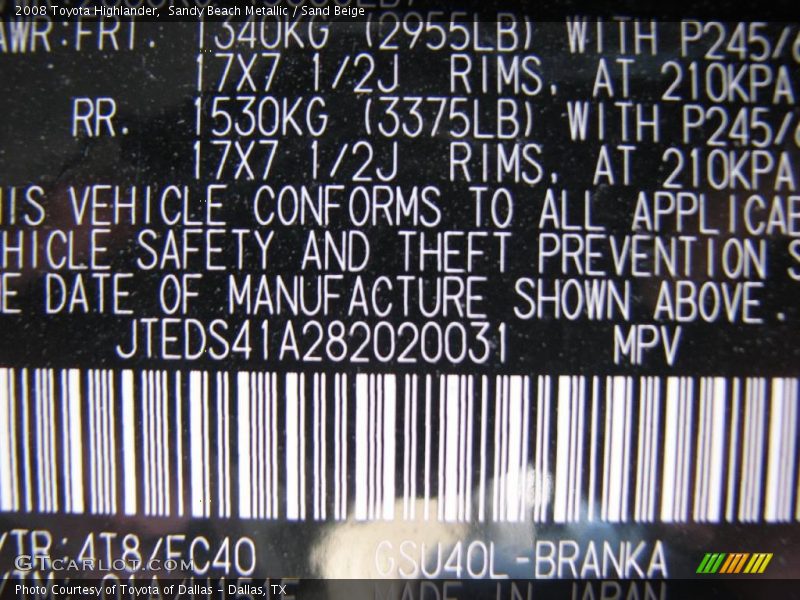 Sandy Beach Metallic / Sand Beige 2008 Toyota Highlander