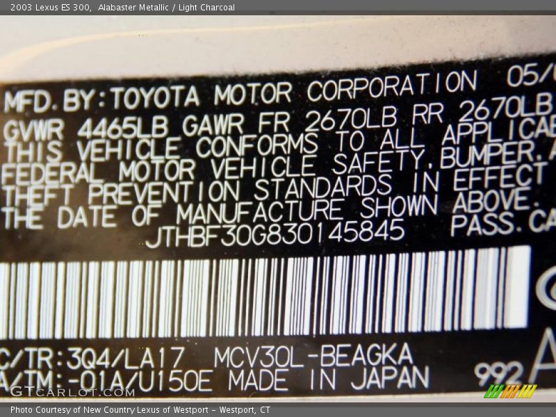 Alabaster Metallic / Light Charcoal 2003 Lexus ES 300