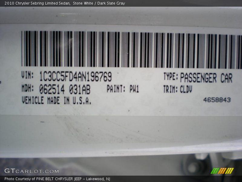 2010 Sebring Limited Sedan Stone White Color Code PW1