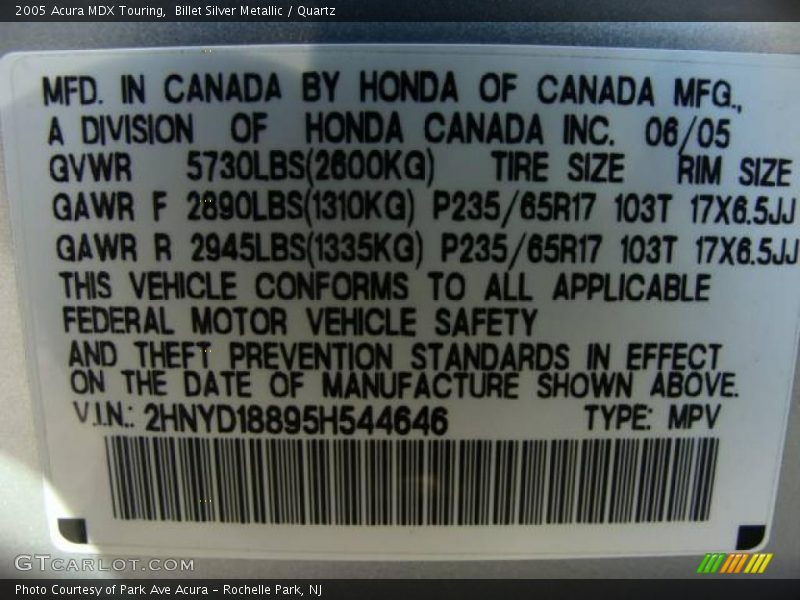 Billet Silver Metallic / Quartz 2005 Acura MDX Touring