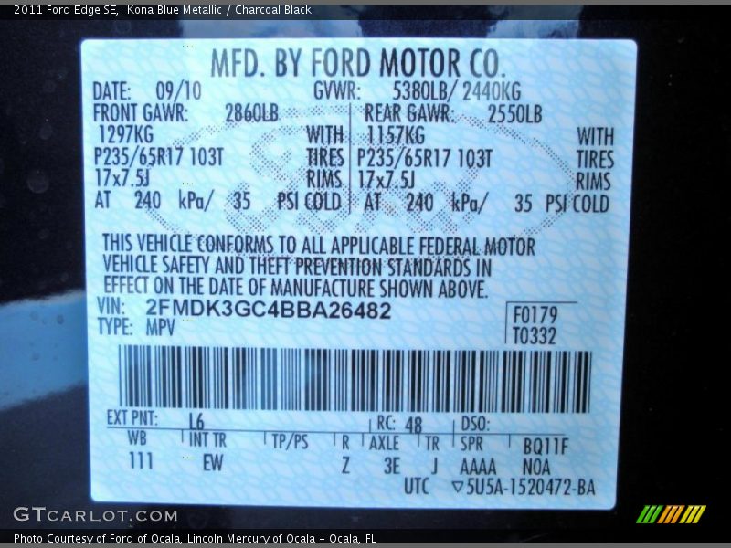 Kona Blue Metallic / Charcoal Black 2011 Ford Edge SE