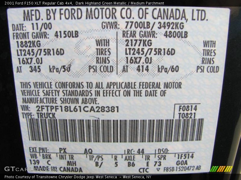 Dark Highland Green Metallic / Medium Parchment 2001 Ford F150 XLT Regular Cab 4x4
