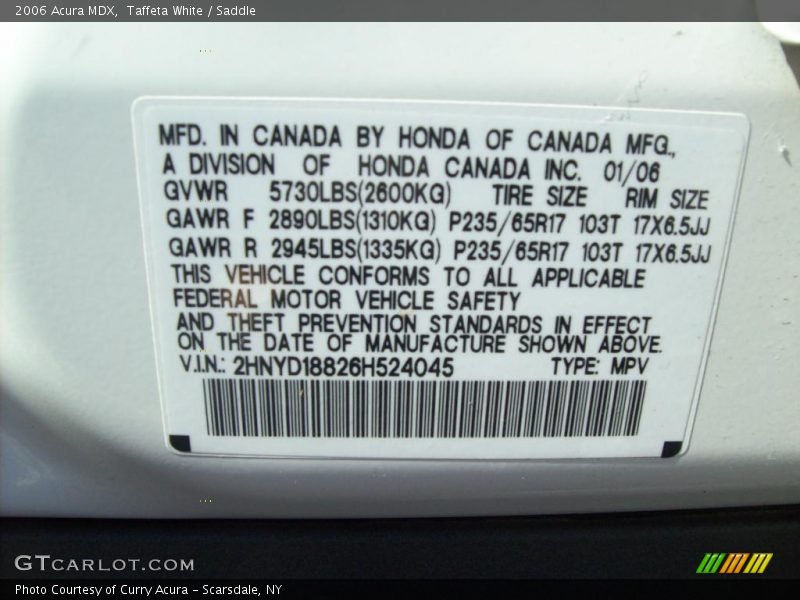 Taffeta White / Saddle 2006 Acura MDX