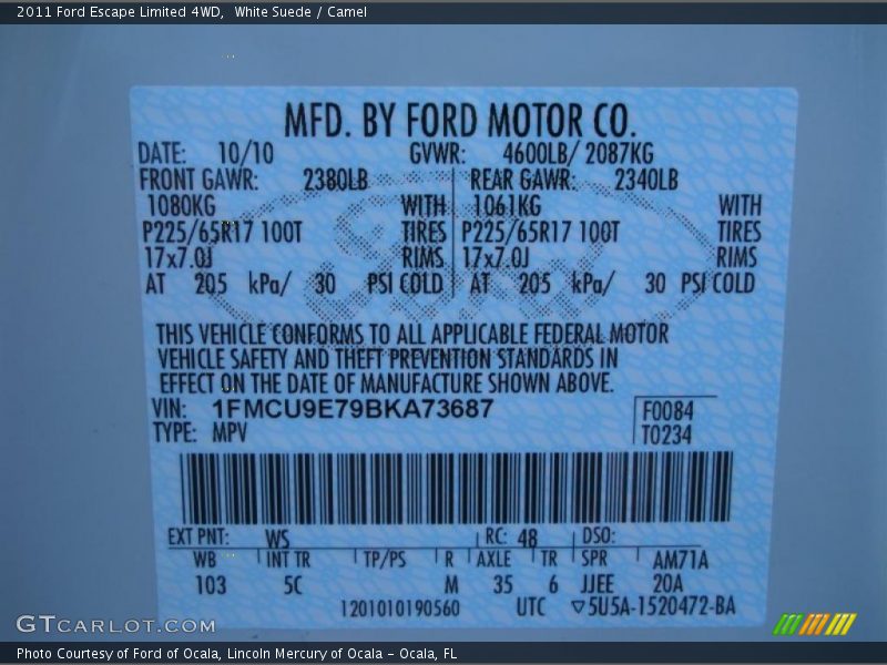 2011 Escape Limited 4WD White Suede Color Code WS