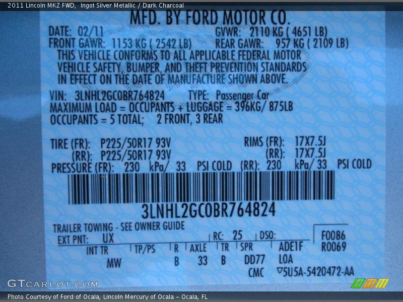 2011 MKZ FWD Ingot Silver Metallic Color Code UX