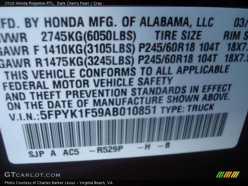 2010 Ridgeline RTL Dark Cherry Pearl Color Code R529P