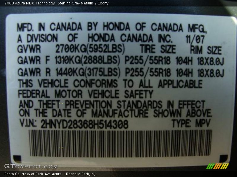 Sterling Gray Metallic / Ebony 2008 Acura MDX Technology
