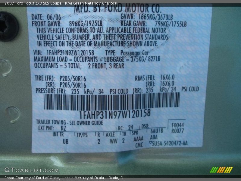 2007 Focus ZX3 SES Coupe Kiwi Green Metallic Color Code NZ