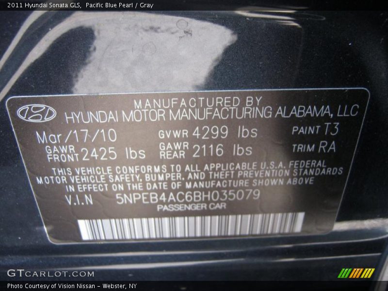 Pacific Blue Pearl / Gray 2011 Hyundai Sonata GLS