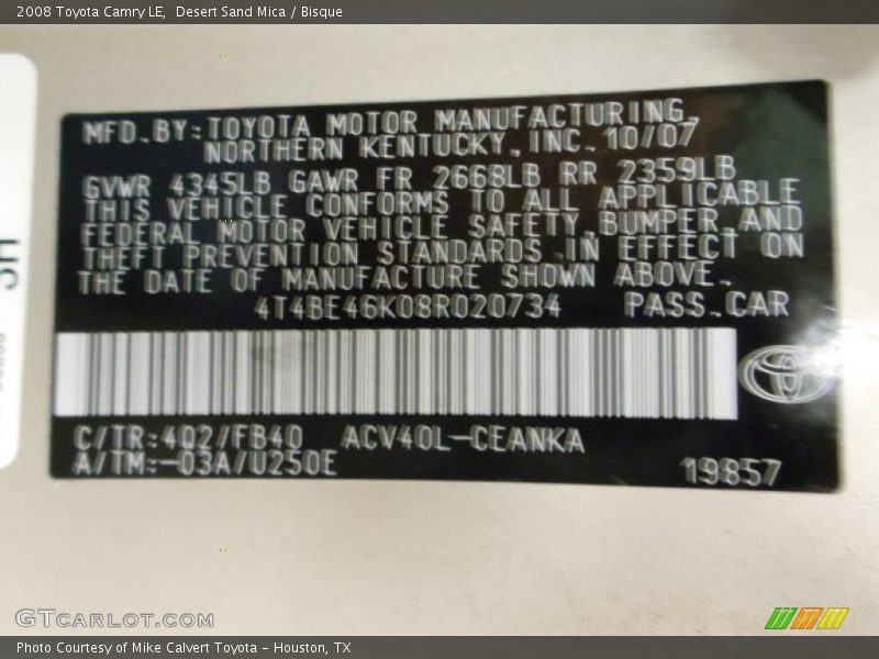 Desert Sand Mica / Bisque 2008 Toyota Camry LE