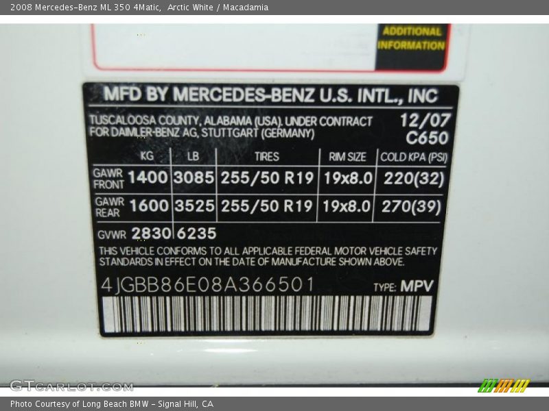Arctic White / Macadamia 2008 Mercedes-Benz ML 350 4Matic